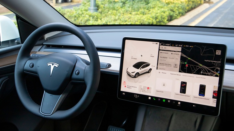 Tesla Model Y Lenkrad und Armaturenbrett von innen des Autos betrachtet